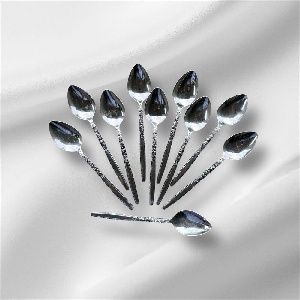 Vintage Oneida Japan Everbrite EVS 39 Set Of 10 Spoons Floral Stainless Steel